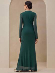 Graceveil 女式不对称领口褶饰腰部鱼尾下摆连衣裙，高端正式礼服，适合秋冬季外出约会 - 墨綠色 - 查看 2
