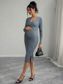 SHEIN Maternity V-Neck Slit Hem Fitted Knit Dress, Suitable For Daily Commute - Grey - View 1