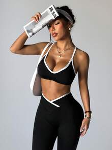 Dewbera Women's Contrast Trim Elastic Criss-Cross Back Sports Bra And Leggings Yoga Workout Set Active Two Piece Set Activewear Set Workout Legging Two Piece Set Seamless Workout Set Bra And Leggings Set Curve Activewear Set Gym Two Piece Set Yoga Two Piece Set Sporty Two Piece Set - Black - View 6