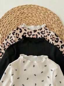 SHEIN 3 件 Babygirl 休闲百搭针织豹纹波点图案长袖上衣 - 彩色 - 查看 7