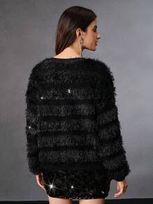 Anewsta Hanorac elegant pentru femei, cu guler rotund, negru, cu dungi, potrivit pentru Crăciun, petrecere de Revelion, iarnă - Negru - Vizualizare 4