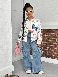 青少年女孩休闲百搭日常穿着百搭校园街头涂鸦印花连帽拉链运动衫夹克秋冬 - 杏色 - 查看 4