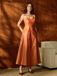 Anewsta 可调节罩杯 V 领细肩带拼接时尚优雅百搭女式长裙 - 橘色 - 查看 1