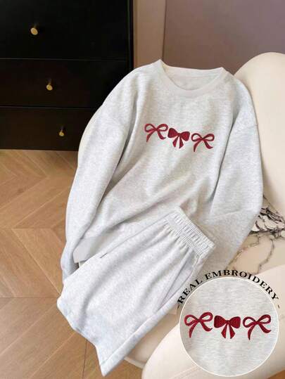 Resyla 女式休闲蝴蝶结刺绣运动衫和运动裤两件套，秋冬