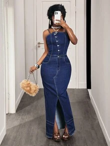 BamGleam Damklänning i casual-stil, streetchic, enkelknäppt, öppen framtill, slitsad fåll, åtsittande denimklänning, sommar - Mörktvätt - Visa 4