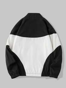 Manfinity Hypemode 男士黑白拼布夹克，男士长袖立领夹克 - 黑與白 - 查看 2