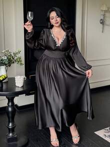 Flirla Vestido ajustado de unicolor, vintage, romántico y elegante con escote en V - Negro - Ver 4