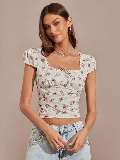 Enchnt Women's Fall/Winter Romantic White Ditsy Floral Tie Front Short Sleeves Blouse,Chic&Elegant&Fashionable For Vacation&Date&Holiday&Graduation&Wedding Guest&Office&Going Out&Halloween&Christmas,Back To School, Autumn,New Years