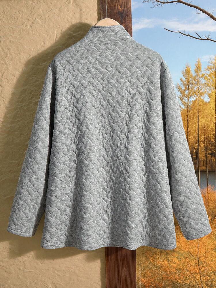 Plus Size Women Fall/Winter Casual Stand Collar Solid Color Long Sleeve Grey Sweatshirt With Pockets, Autumn/Winter, Going Out, 2025 New, Simple And Fashionable For Everyday Wear, Sweatshirt, Grey Tops With Button Design, Christmas, New Year
