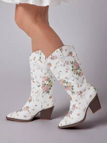 Solezae Giày bốt cao cổ nữ kiểu miền Tây, mũi nhọn, gót chunky, họa tiết hoa, dành cho nữ. - Nhiều màu - Xem 2