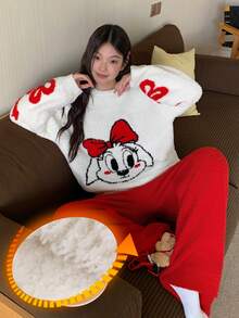 DAZY 2件套女士蝴蝶结小狗图案针织宽松长袖上衣和裤子睡衣套装，秋冬季保暖内衬服装 - 紅色 - 查看 3