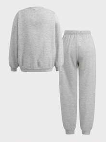 SHEIN Conjunto de niña preadolescente con sudadera holgada y cómoda de cuello redondo con diseño de lazo y pantalones jogger - Multicolor - Ver 6