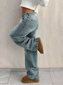 EURMUSE Quần jean ống đứng lưng thấp rộng rãi - Màu xanh nhạt - Xem 6