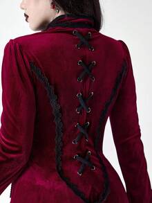 ROMWE Goth Christmas Gothic Retro Palace Style Contrast Color Lace Trim Velvet Women Long Jacket
