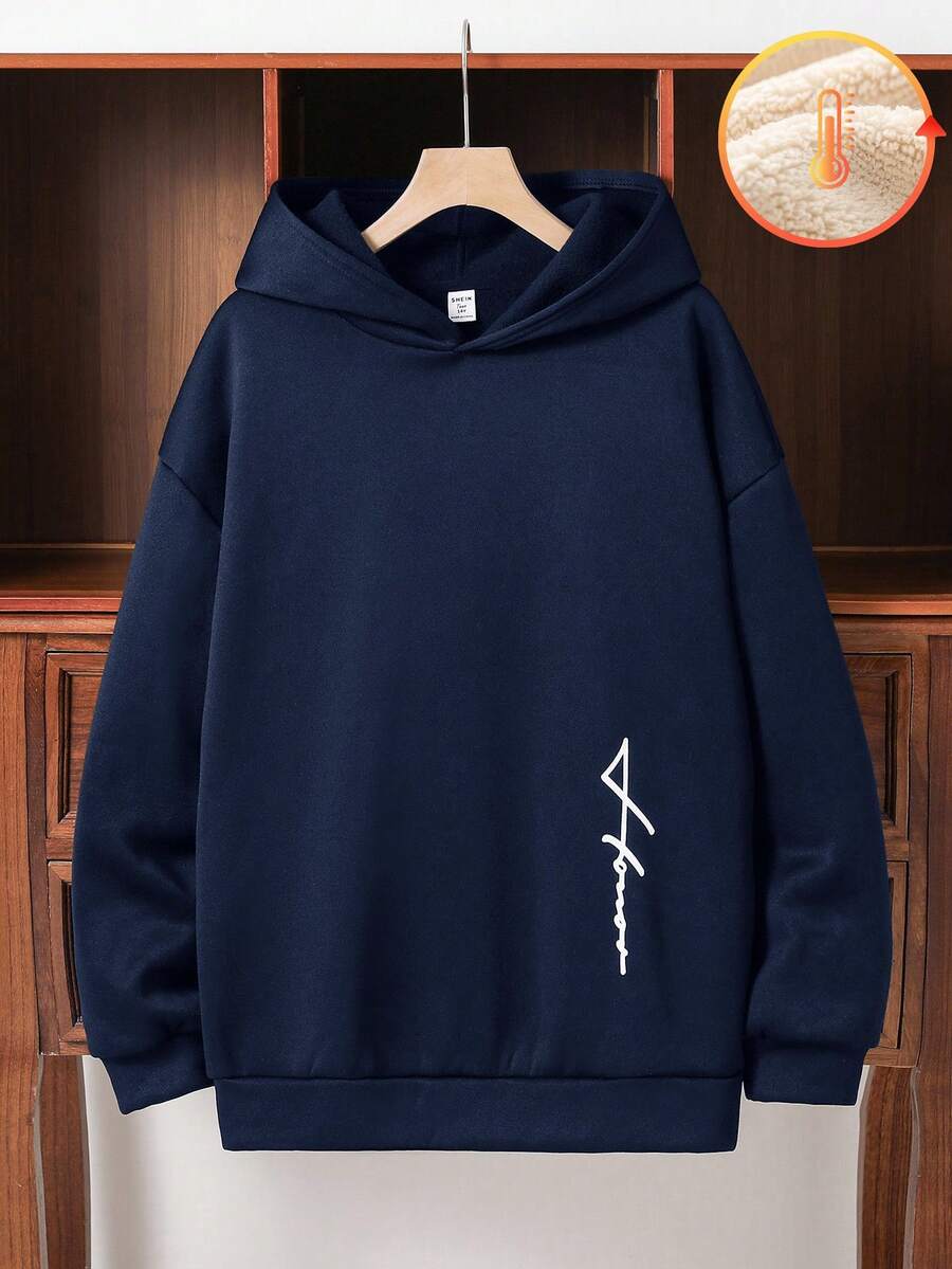 SHEIN 青少年男童休闲简约舒适百搭保暖超值针织连帽卫衣,简约手写文字印花,返校季;秋冬季 - 藏蓝色 - 查看 1