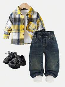 SHEIN 男童宽松直筒深蓝色牛仔裤 - 深色水洗藍 - 查看 2