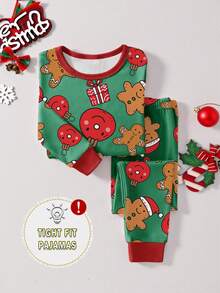 1 Set Young Boys' Christmas Gingerbread Print Snug Fit Long Sleeve Top And Pants Pajama Set, Suitable For Daily Wear Gingerbread Pajamas Christmas Pajamas Kids Christmas Pajamas Christmas Pj Snug Fit Tight Fit Pajamas