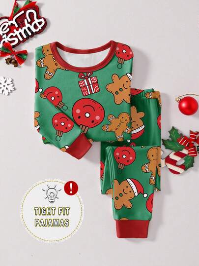 1 Set Young Boys' Christmas Gingerbread Print Snug Fit Long Sleeve Top And Pants Pajama Set, Suitable For Daily Wear Gingerbread Pajamas Christmas Pajamas Kids Christmas Pajamas Christmas Pj Snug Fit Tight Fit Pajamas