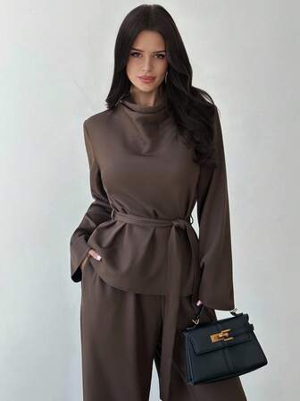 Firerie Women's Dark Coffee Turtleneck Long Sleeve Shirt And Elastic Waist Wide Leg Pants Set, Women's Commuter Suit, Business Suit, Dark Color Pants Set, Spring Autumn Winter Clothing, Elegant, Commuter, Daily, Minimalist, Work Outfit,Cozy Fall And Winter Clothes For Women