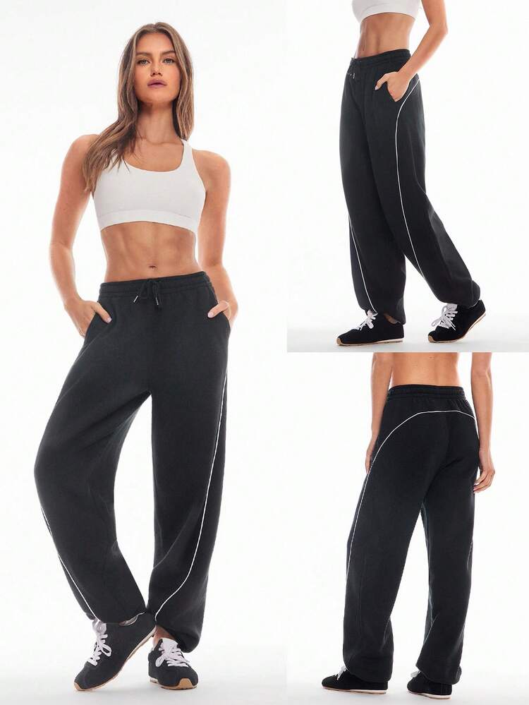 Pantalones casuales diarios de otoño e invierno con forro polar cálido y acogedor, panel de contraste, cintura ajustable con cordón y bolsillos laterales