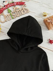 SHEIN EZwear 黑色休闲简约圣诞标语印花连帽宽松厚款卫衣女秋冬装 - 黑色 - 查看 7
