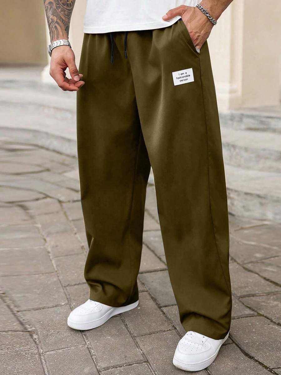 Manfinity Homme Plus Size Men Casual Versatile Letter Patched Pants, Fall - Mocha Brown - View 1