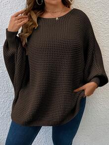 SHEIN LUNE Plus Size Women Batwing Sleeve Crew Neck Loose Pullover Solid Color Sweater, Autumn/Winter