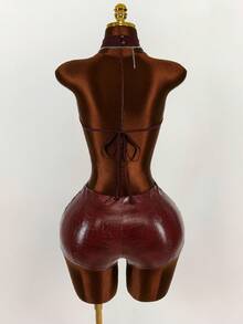 Amplova Mesh Deep Draped Neck Halter Backless PU Patchwork Bodysuit