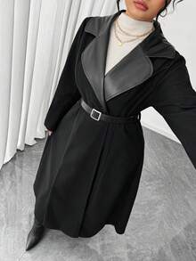 Elenzga 大码女装时尚简约商务通勤优雅休闲日常百搭前片皮革拼接纽扣腰带修身纯色夹克 - 黑色 - 查看 6