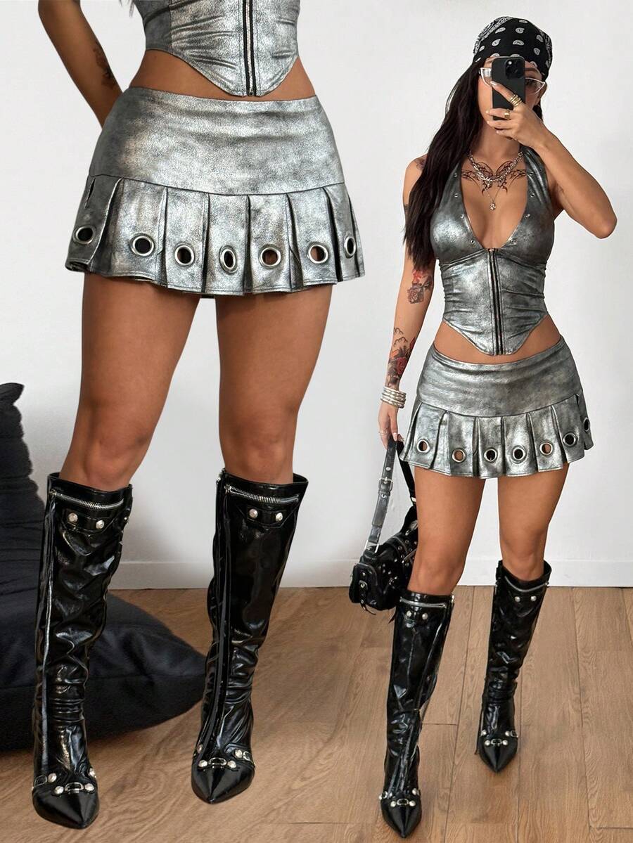 Coolane Women's Fall Concert Going Out Music Festival Streetwear Vintage Y2K Grommet Eyelet Silvery Low Rise Mini Pleated Skirt - Silver - View 1