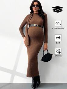 MaterniWear Vestido casual ajustado de manga larga con diseño de cuello asimétrico y unicolor para maternidad - Marrón Mocha - Ver 8