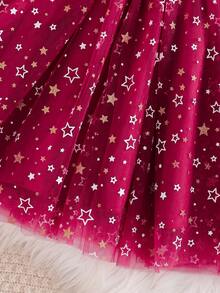 SHEIN Young Girl' Burgundy Autumn 7th Birthday Velvet Dress With Puff Sleeves,Tulle Skirt With White Printed Powder Decor Cute For Party Formal Occasions - Burgundy - View 5