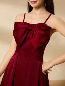 Teen Girl Bow Decor Pleated Design Elegant Camisole Dress - Burgundy - View 6