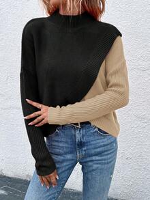EMERY ROSE Women's Contrast Color Stand Collar Drop Shoulder Long Sleeve Casual Pullover Sweater, Autumn/Winter - Multicolor - View 5