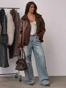 SHEIN BAE 女式拉链休闲仿保暖内衬夹克，秋冬款羊毛皮革复合面料夹克秋冬保暖外套，非常适合休闲街头装扮棕色夹克女式夹克 - 巧克力棕 - 查看 3