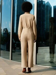 Lumivelle 休闲通勤简约百搭长袖女式连体裤 棕色连体裤 女士工作连体裤 - 杏色 - 查看 3