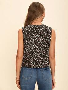 Coeurva Áo khoác vest nữ dáng rộng không tay in họa tiết du lịch - màu đen - Xem 3