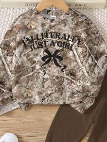 SHEIN Leap Crew 2 件套青少年女孩休闲圆领舒适长袖运动衫和紧身裤套装，适合秋冬季