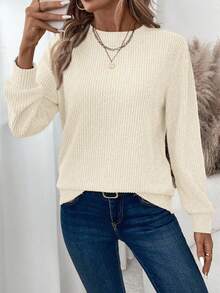 EMERY ROSE 女士纯色罗纹拉绒舒适圆领长袖休闲 T 恤，适合秋冬季 - 白色 - 查看 4