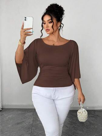 SHEIN Elenzya Plus Size Women's Knitted High Stretch Bell Sleeve Round Neck Solid Color Elegant T-Shirt