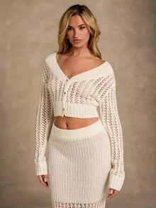 SHEIN Glamour 女士纯色镂空落肩长袖短款针织开衫 - 米色 - 查看 4