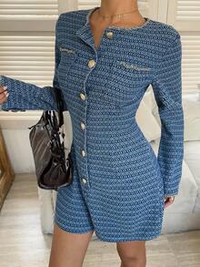 Siren Gaze Women's Blue Denim Jumpsuit, Elegant French Style Suit, Exquisite Jacquard Denim Material, Long Sleeve Sexy Jumpsuit #ChicAutumn Winter