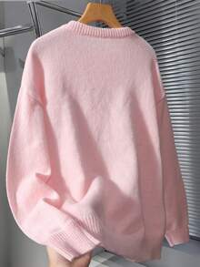 Claim Dot 男士休闲纯色圆领落肩长袖粉色毛衣，秋冬款 - 粉色 - 查看 2