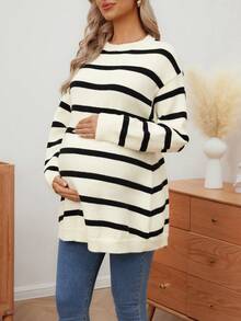 SHEIN 孕妇宽松 A 字形条纹撞色设计长袖针织套头衫，秋冬 - 黑與白 - 查看 7