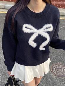 SHEIN Teen Girls' Loose Fit Bowknot Crew Neck Long Sleeve Sweater, Autumn/Winter