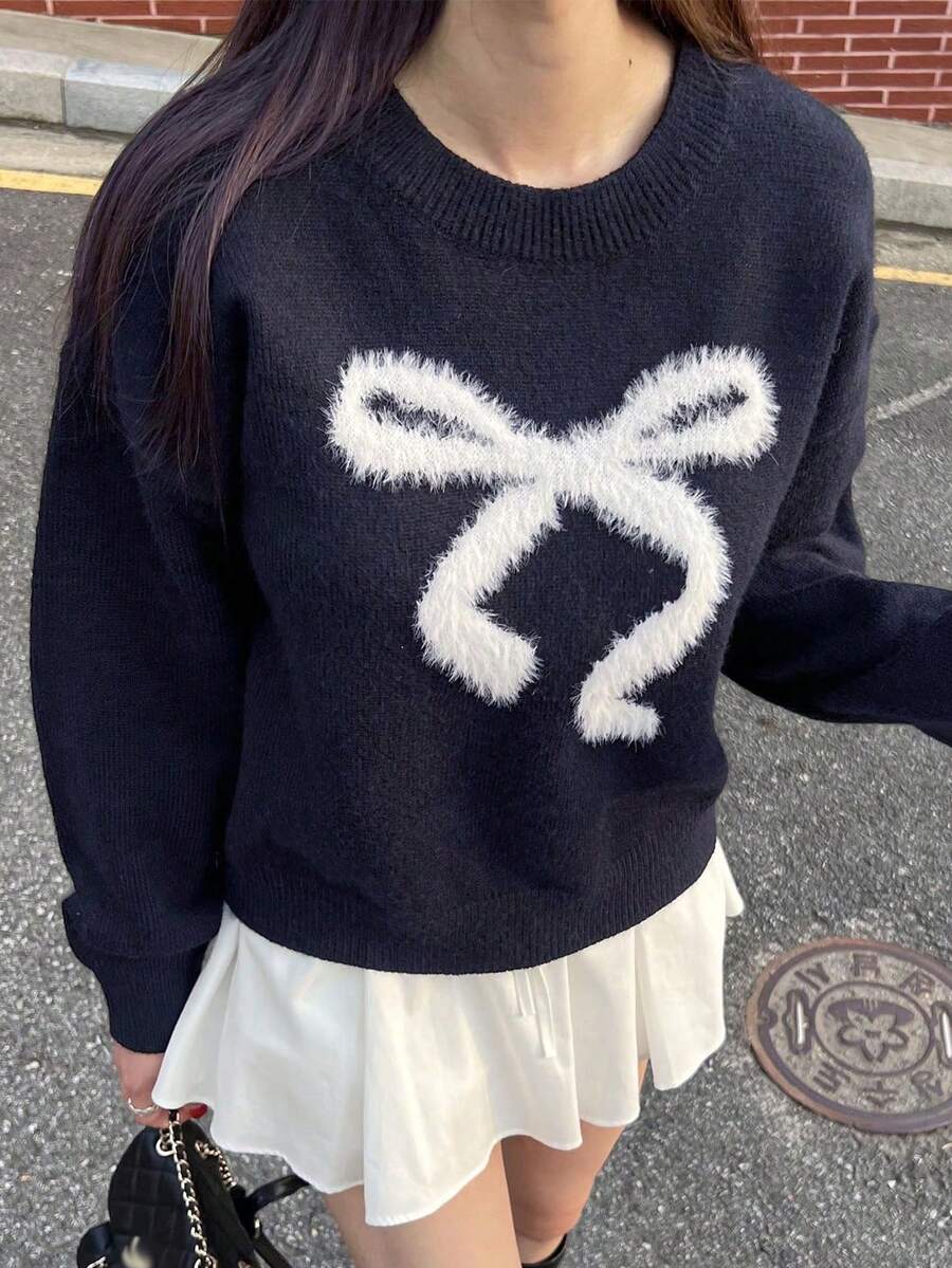 SHEIN Teen Girls' Loose Fit Bowknot Crew Neck Long Sleeve Sweater, Autumn/Winter