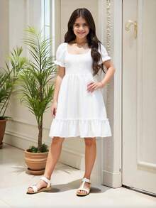 SHEIN Girls' Square Neck Puff Sleeve Cabled Splice Ruffle Hem Dress - White - View 4
