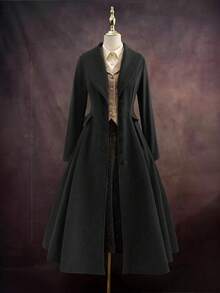 Sweetra 大码优雅外出上衣，秋冬复古百搭休闲修身优雅棕绿色长款喇叭外套收腰连衣裙 - 黑色 - 查看 5