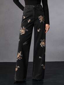 Anewsta Heavy Embroidery Denim Black Straight Leg Jeans - Black - View 3