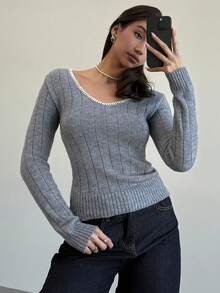 Aloruh Suéter de punto de manga larga gris sólido con ribete de contraste, minimalista, de otoño/invierno, informal - Gris - Ver 6